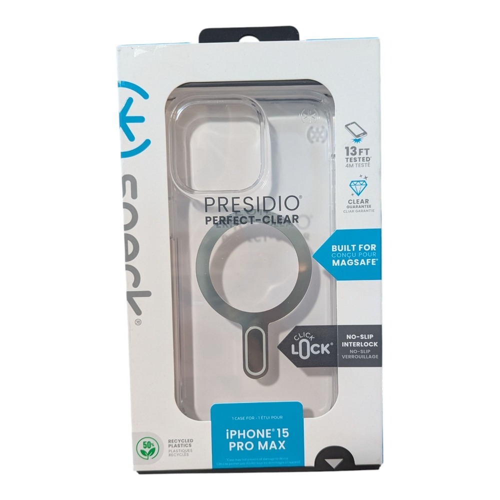 i5-OB Speck Presidio Perfect-Clear Chrome MagSafe Case iPhone 15 Pro‎ Max Scuffs